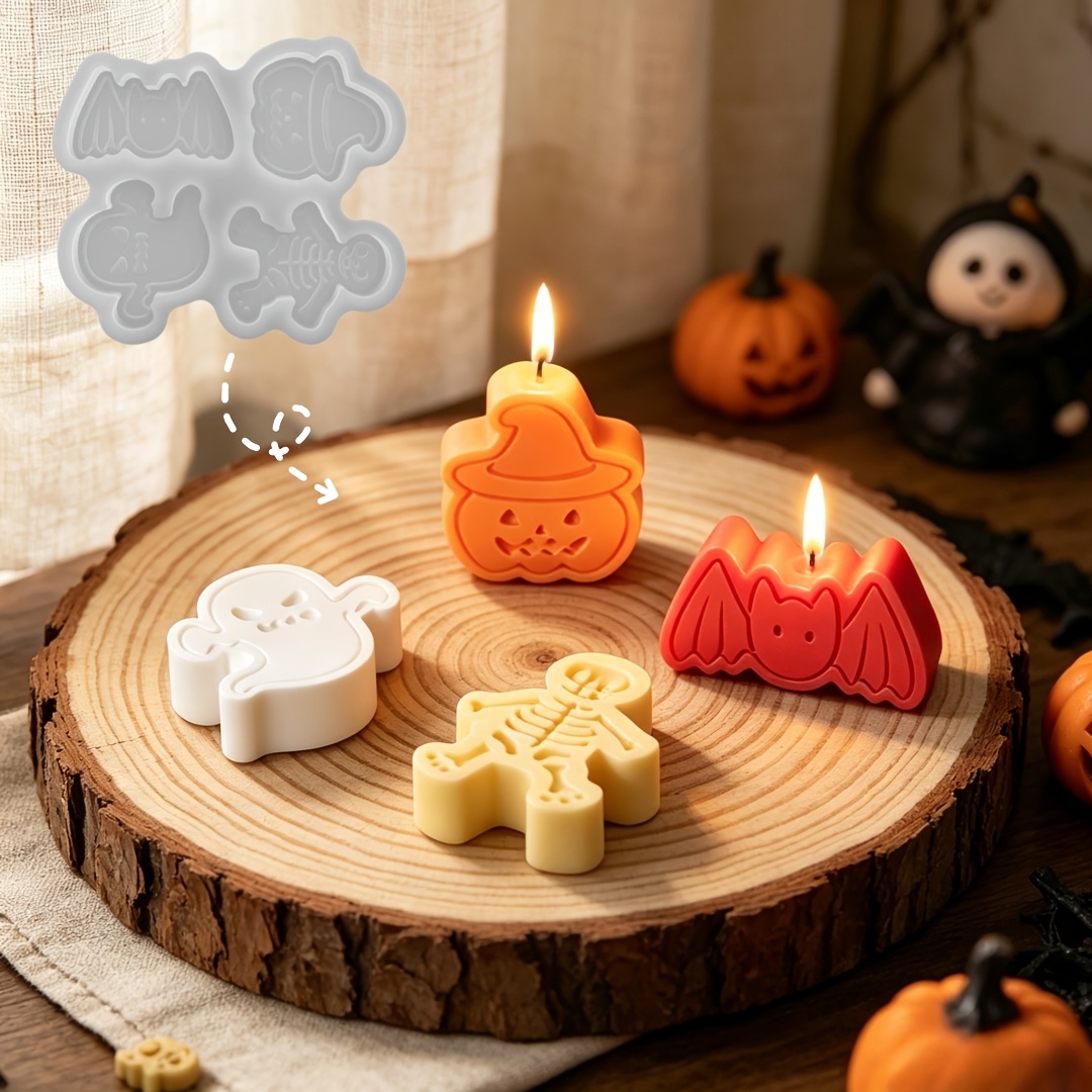 Candle Molds - ชุดแม่พิมพ์ซิลิโคน 4 ช่องสำหรับทำดินเหนียว DIY รูปผี ฟักทอง